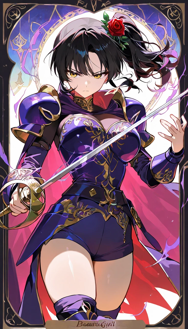 masterpiece, highest quality, One adult woman,Very detailed,Rin々Nice face,Open Mouth Smile,White, pink, and purple adventurer uniform,Medieval Europe,Show your armpits,Black eyes,The dignity of a hero,tattoo,Cape,Legs visible through the skirt,Natural Beauty,Cinematic,Medium cleavage,Wearing a lot of jewels,Cutting the enemy in half,Engaged with the enemy,Skilled Swordplay,