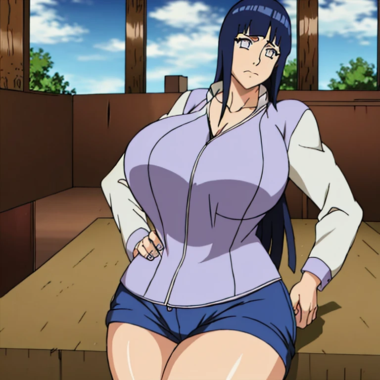 Hyūga Hinata, 1lady solo standing, /(grid girl/) clothes with logo, MILF Woman, /(dark blue hair/) bangs, white eyes, (masterpiece best quality:1.2) delicate illustration ultra-detailed, large breasts, Her Clothes Cannot Cover Her large breast, BREAK /(racing circuit outdoors/), racing car audience, detailed background, Best Quality 32k HDR, ((big belly, massive belly, giant belly)), shocked, open mouth, (hands behind head:1.4), (solo:1.5)