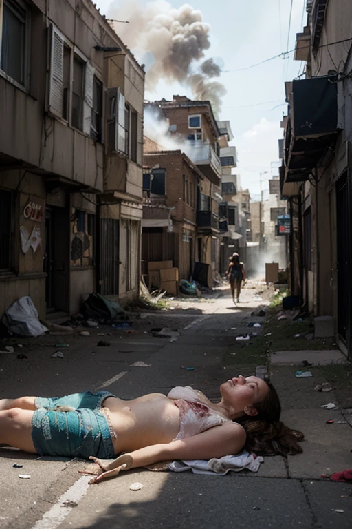 4K/ realistic picture/ Devastated village: A village ravaged by the Black Death, with people lying on the ground.
