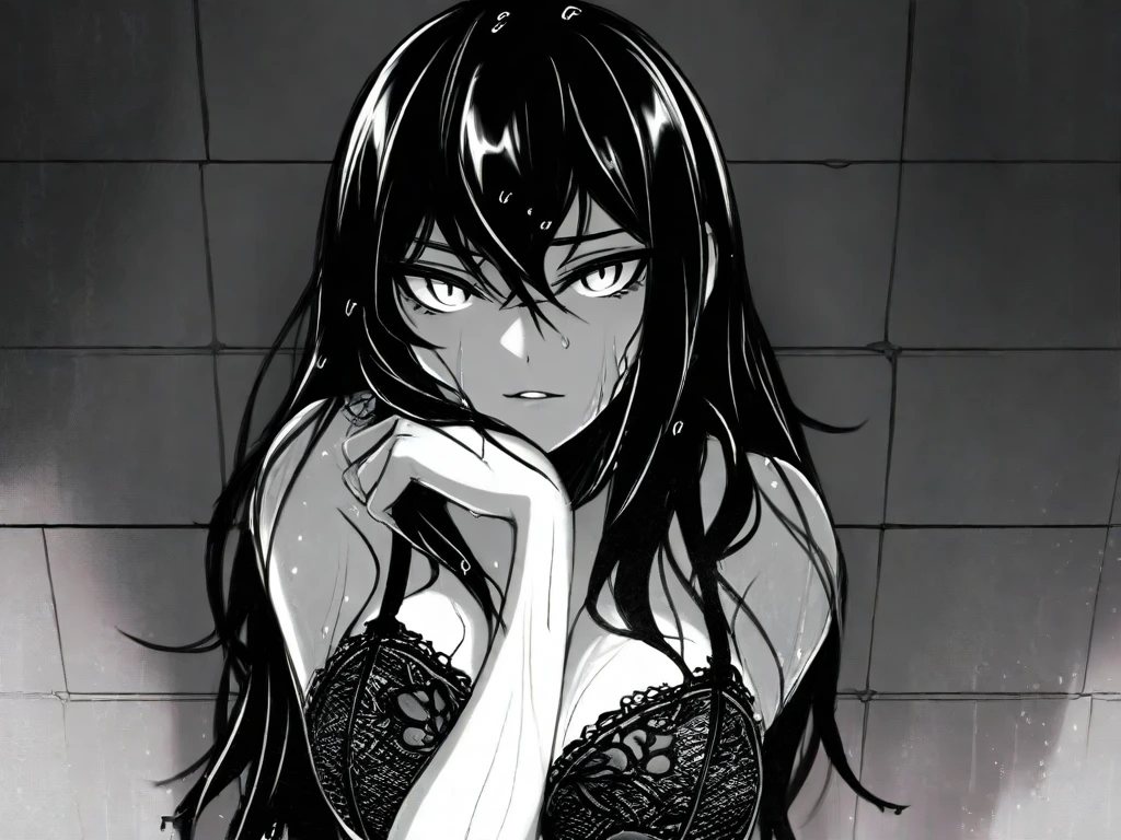 { 4k wallpaper : illustration : beautiful detailed eyes : extremely detailed face : perfect lighting : extremely detailed CG }  { half-monochrome }{ horror gloomy atmosphere} { dark horror theme } {nsfw : hentai} { in a dark dirty room } { Mind control Tatsuki Arisawa : evil  : glowing eyes : long Tomboy hair : perfectly  shape breast : perfectly shaped fit body : Naked : perverted evil smirk : looking at viewer  } {: showing clean armpits to viewert }