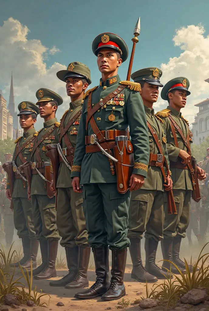 fileira de soldados militares com roupas estilo steampunk