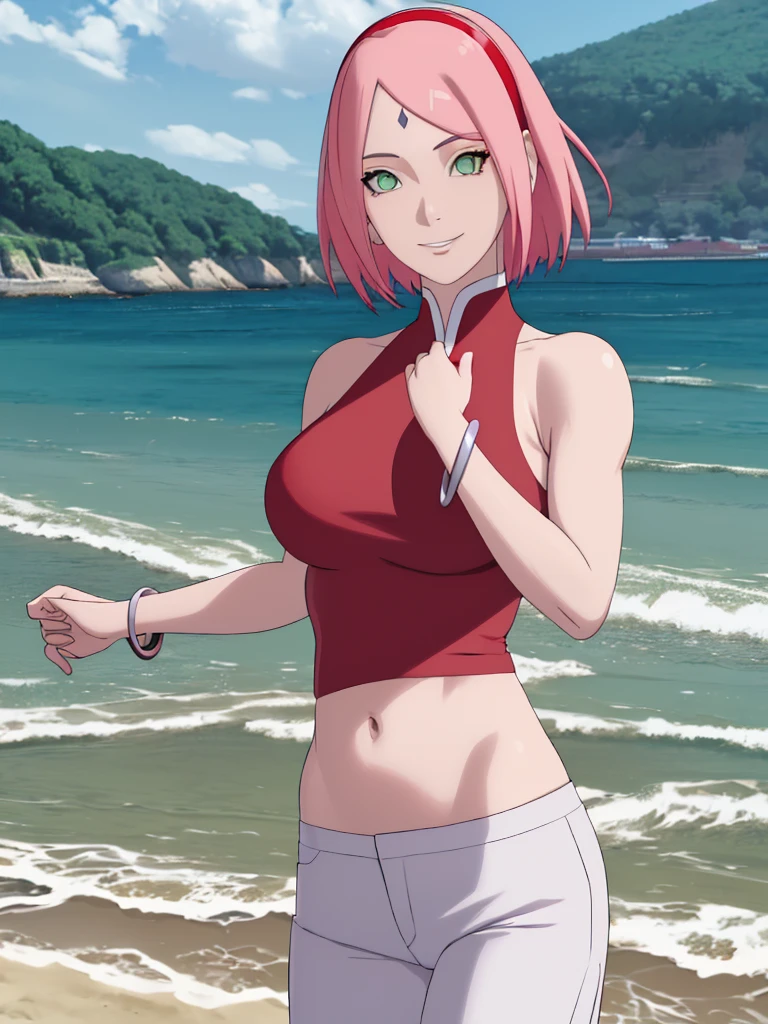 masterpiece, 4k, portrait, cowboy shot, professional artwork, detailed beach background, intricate details, colorful, digital blending, (ultra detailed body, ultra detail hair, ultra detail face), trending on pixiv, kind smile, best quality, anime style: 1.9, 1girl, hires, haruno sakura, (forehead mark, milf, red hairband, pale skin, small breasts, short hair, ((bare neck, red (micro) bikini top, (bikini top only)), white pants), (navel, belly button, bracelet, pink hair, closed mouth, big eyes), smile, beach, wind, floating hair, detailed arms, off-shoulders, broad shoulders, (slightly muscular arms, slightly strong biceps), (dirty armpits, armpit pocket), standing)