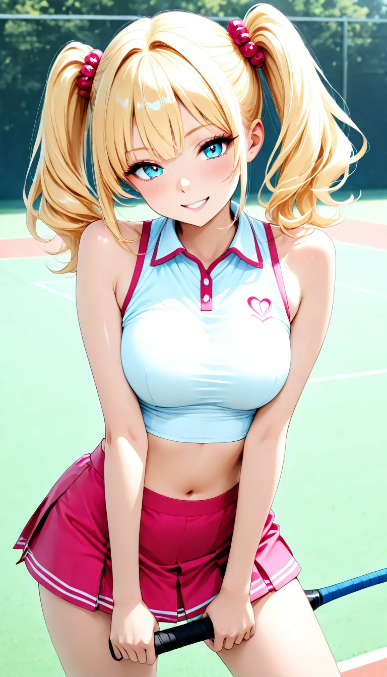 masterpiece, best quality, highly detailed, ultra high res, ayase arisa, 1girl, solo, hazel eyes, hair ornament, short ash blonde hair, side ponytail, glossy lips, cheerleader, pink thigh highs, looking at viewer, school field, medium breasts, halter top, sitting, water bottle