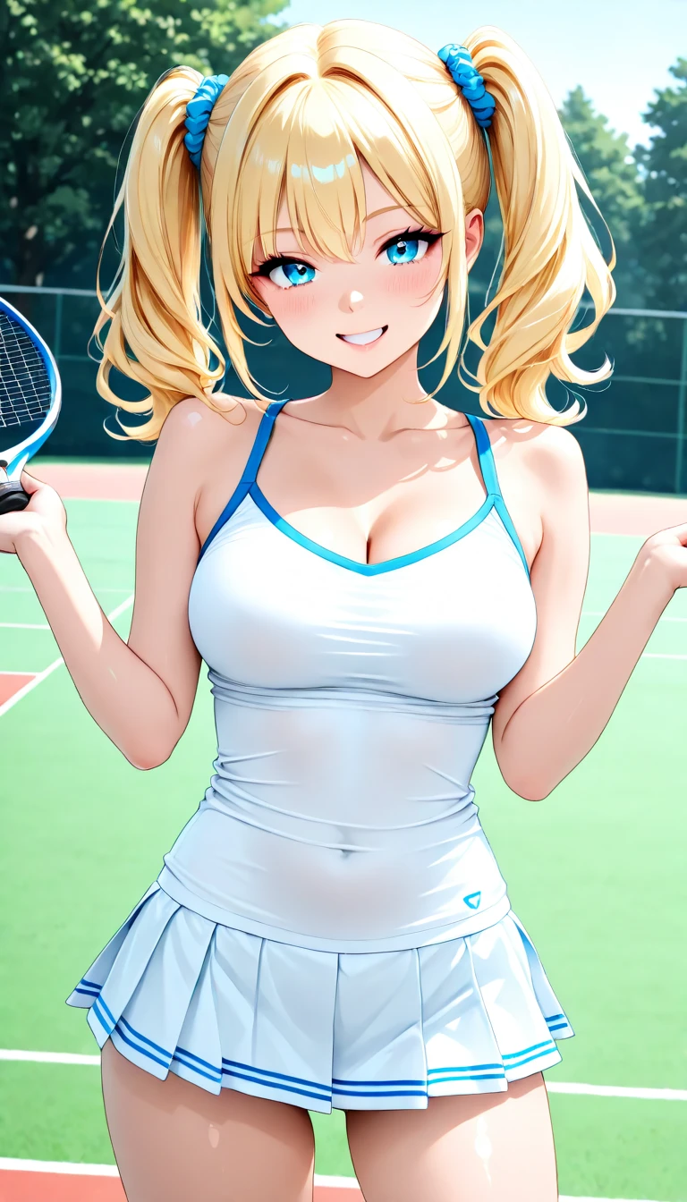 ((Masterpiece)), ((Best Quality)), Ultra High Resolution, HDR, absurderes, 8K, (1 girl), intricate details, ultra-detailed, dramatic lighting, blushing, very happy blue eyes, long blonde hair, ponytail, (golfer shirt, white skirt and white cap), in a golf park, gorgeous girl, large breasts, gorgeous body, glossy skin, vivid colors, full body view, detailed illustration, detail background, shy, feminine, professional artwork, fit thighs, cleavage