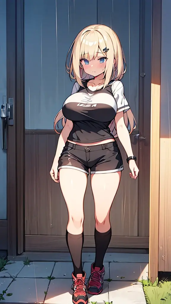 Full body image, front, One girl, 18-year-old, Mix 4, (32K, RAW Photos, Highest quality, masterpiece:1.2), (Anime-like, photoAnime-like:1.37), cute, Short sleeve T-shirt,Shorts,Black knee socks, night, rain, Humidity, Professional Lighting, Photon Mapping, Radio City, Physically Based Rendering, Super Resolution, (Big Breasts:1.2), {{The biological weapon that had preyed on the younger sister took her place and reunited with the older brother, The rebellious little sister has become the obedient little sister}}, Girl Skull, whole body, NSFW