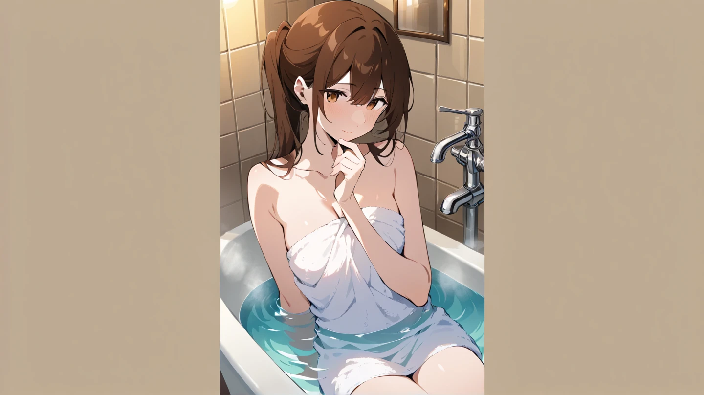 masterpiece、highest quality、sauna、Looks hot、beautiful mature woman、Hide your body with a bath towel、be in order、shortcut