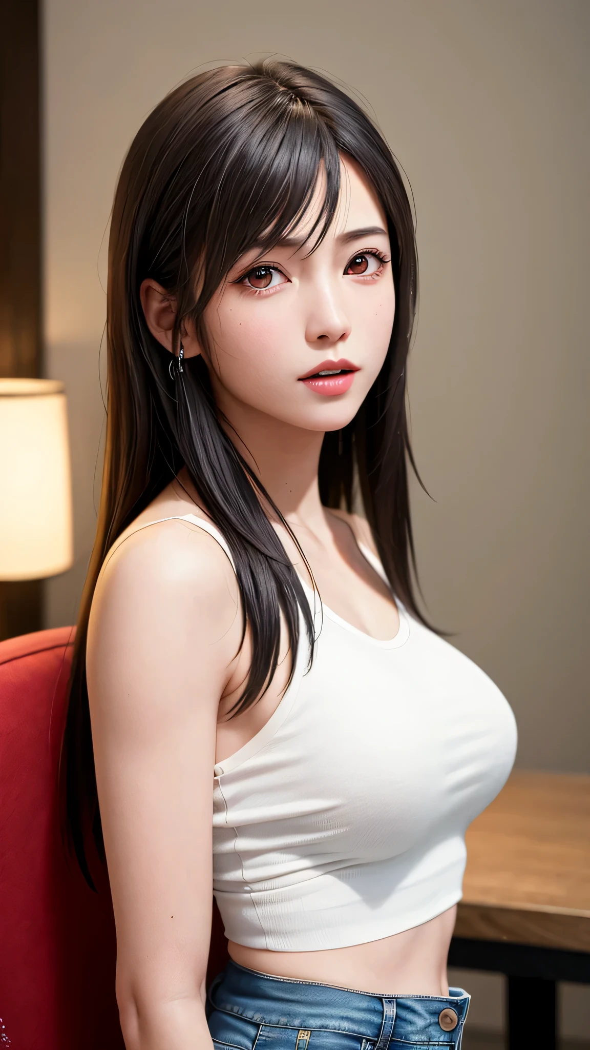 (top quality, masutepiece: 1.1), (Realistic: 1.3), BREAK (((FF7,Tifa_lockhart))),(solo,Tifa:1.2),(japanese ,Strong-minded woman,Office Suits) ,(office,sitting chair, indoor),(sexy pose:1.2),Ultra-detailed face, Detailed eyes,Red eyes, BREAK (((FF7,Tifa_lockhart))),(light brown hair, Large breasts: 1.2), BREAK (Small and beautiful hard nipple)  About 18 years old,kawaii,smile,zettai_ryouiki:1.1