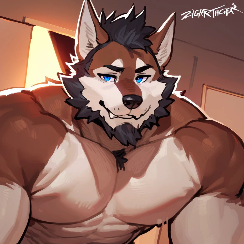 (solo, male:1.1, canine, wolf:1.1, werewolf, muscular, musclegut, mature male, older, happy, grey fur, teal eyes:1.1, body hair, full-body:1.1, by doooo2424, by physen, by juggermelon), (best quality:1.2, 4k, 8k, highres, masterpiece:1.2), ultra-detailed, (realistic:1.37, photorealistic:1.37), HDR, UHD, studio lighting, ultra-fine painting, sharp focus, physically-based rendering, extreme detail description, professional, vivid colors, bokeh, portraits, wolf-human hybrid, strength, power, fierce expression, mysterious background lighting, surreal atmosphere