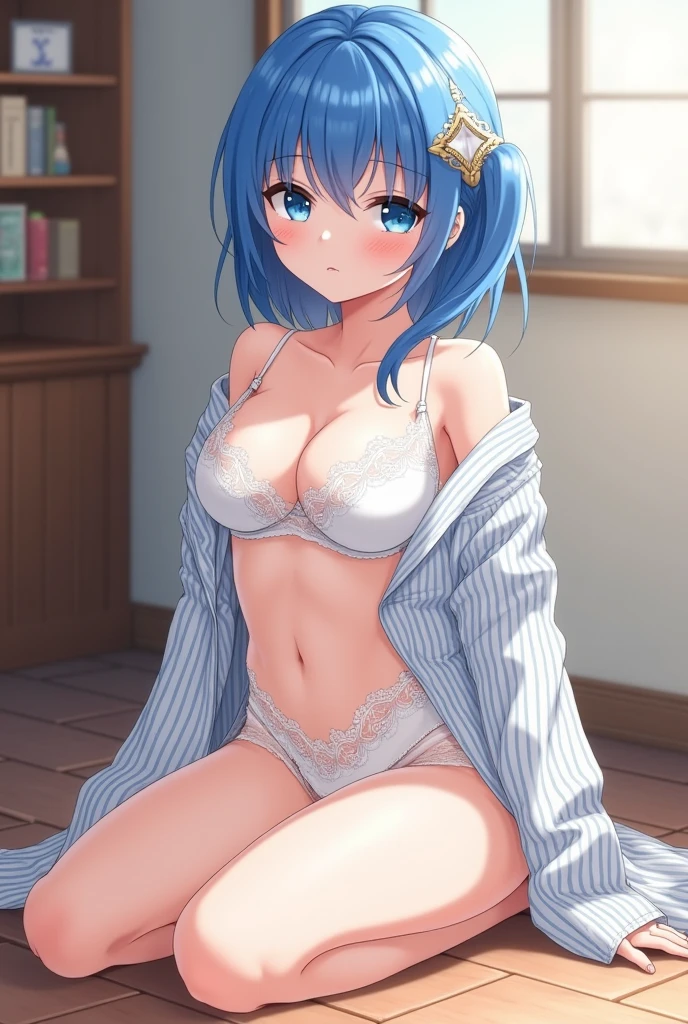 masterpiece, highest quality, High resolution, brown eyes、smile、In underwear、on the bed、Bedroom、Blissful expression、short hair,blue hair, white skin、thick legs、,embarrassing,