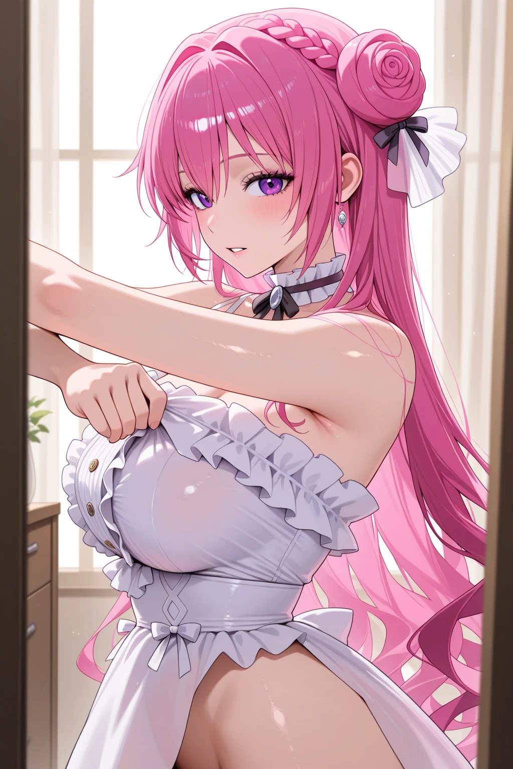(highest quality), (masterpiece), 1080p, hd, 4k, 8k, two women, Only nipples exposed, high school student, small breasts, whole body, white ribbon, Bend your elbows, embarrassed face, blush, embarrassed, white maid, Photographed from the front, pink hair, long hair, mini skirt, white room, white wall, white background, 18-year-old
