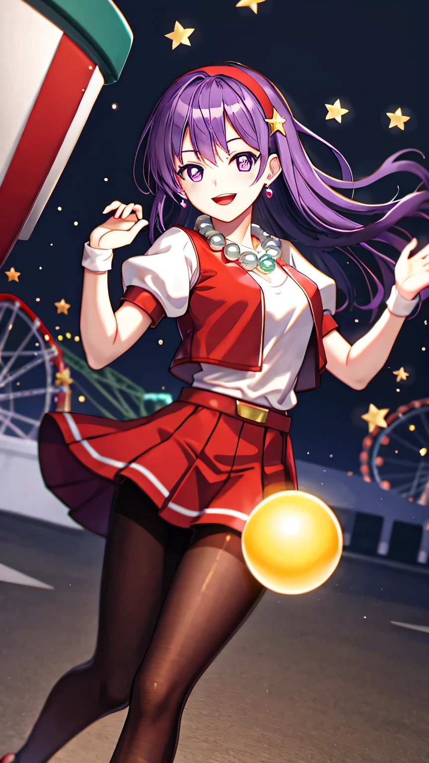 {{{masterpiece}}}, (best quality:1.5), (ultra-detailed:1.5), {illustration}, {{an extremely delicate and beautiful}}, (beautiful detailed eyes:1.6), absurdres, highres, extremely detailed face, 16k, hd, visual anime de uma jovem mulher, extremamente bonito rosto de anime, anime melhor garota, (perfect hands, perfect anatomy), (five fingers:1.1), anime face, Asamiya Athena(The King of Fighters 97), 1girl, solo, cute face, Slender beautiful legs Purple eyes, Purple hair, Long hair, white earrings, red hairband, star hair ornament, medium breasts, thin waist, big hips, curvaceous, BREAK, Red vest, white high-necked, White puffy sleeves, Short sleeves, Red pleated skirt, barefoot, Yellow belt, (purple sphere shape necklace:1.3), (deep red pantyhose:1.3), thighhighs, zettai ryouiki, white short socks, Red shoes, BREAK, 1girl, solo, open mouth, smiling, looking at viewer, indoor, (amusement park:1.5), daytime, Dutch angle, Super shiny hair and skin, cowboy shot