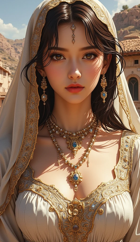 Create an image of a beautiful woman wearing a sexy traditional Indian queen costume. She has a slender face, sharp eyes, long hair, an angled face, a high nose, thin lips, a chest size of 32 inches, a waist size of 24 inches, hips size 33 inches, her skin is bright and white. she has brown hair She has pink nipples Her body was slim and muscular like an athlete. And she was enjoying sitting with her legs spread in an M shape, showing off her very attractive ????????.