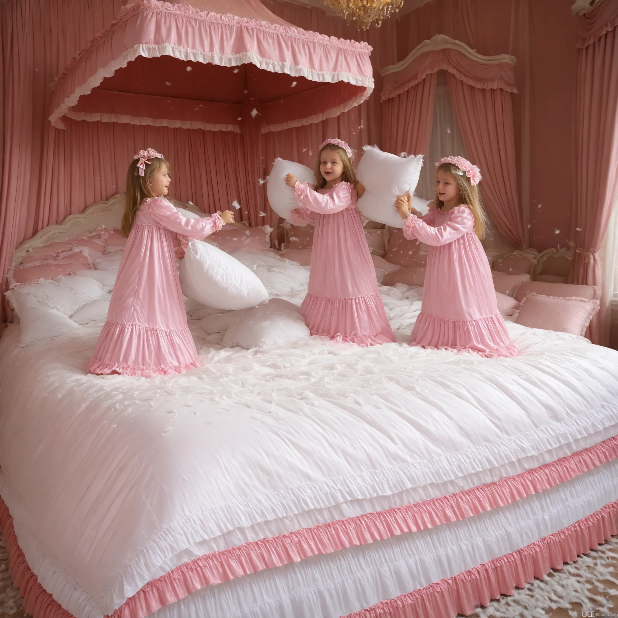 American girls,on the bed,((cute girls on a big bed)),((Childhood )),((Little Girls)), ((little girls pillow fighting on the bed,pillow fight:1.2,)),they have ruffled silk satin pillows,((lots of white feathers dancing,detailed realistic feather:1.0)),short,((white American, ue eyes,Long onde,detailed faces with ofisu)),cute face,ue silk satin nightgown,Mob Cap with Frills and Bows,((Lots of Ruffles and Bow Decorations)),long sleeve, ruffle sleeve , ((long skirt:1.4)),white socks,big bed with lots of pink silk satin cushions,pink cute canopy bed ,four-poster canopy bed,king size bed,bigger bed,plump ue silk satin pillow with ruffle,More pillows, soft ue silk satin bed sheet,Circle々Plump Comforter,Ruffle Lace Silk.retro white pipe bed frame, realistic,((Out of frame bigger king size bed:1.2)), silk satin curtain with ruffle bed ,white floor,