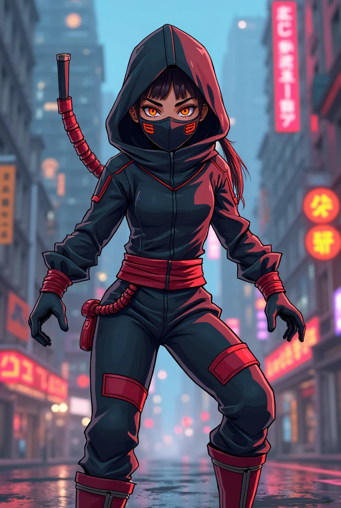 1girl, black and red ninja suit, hidden face, red hair, red eyes, dark alley, red graffiti, japanese led, fog