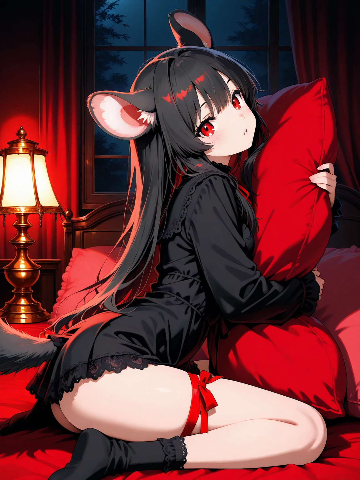 Female wolf alone without anyone together, wears a short black maid dress showing her panties, has long black fuzzy hair with red highlights, has red eyes, has big breasts, has wolf ears and a wolf tail.