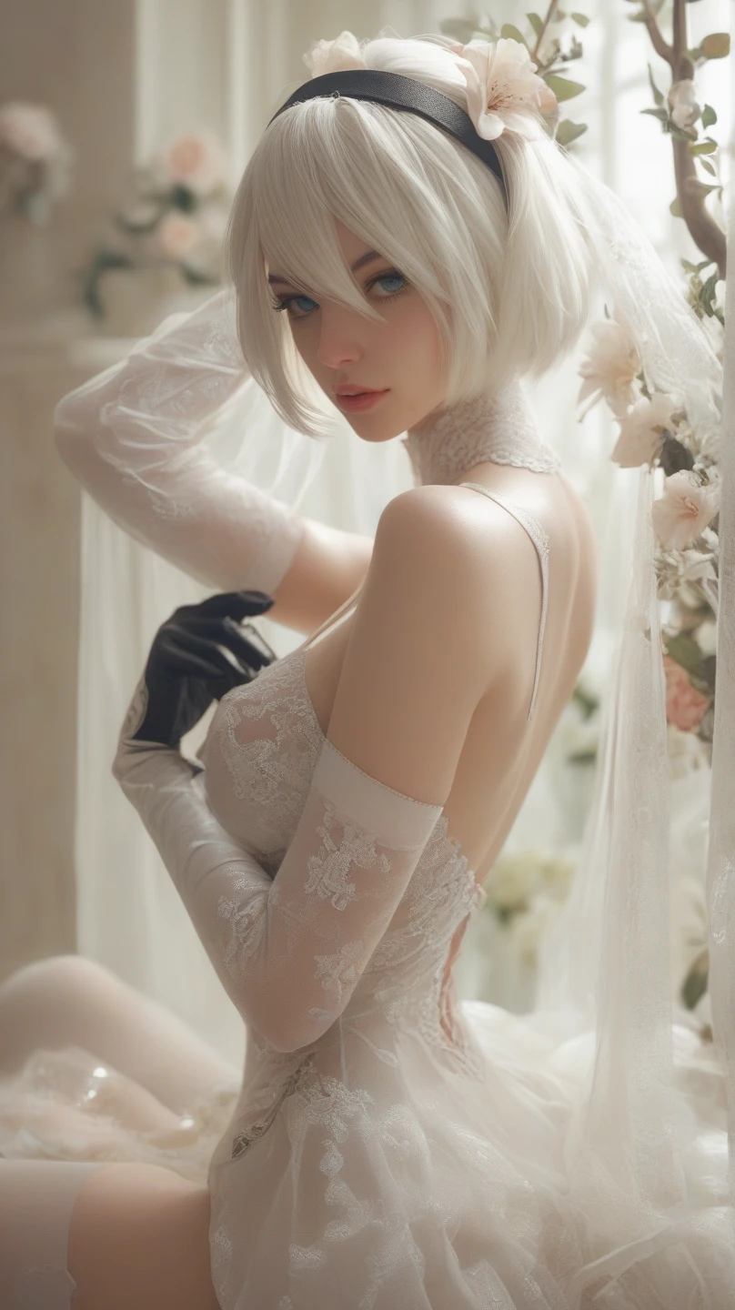 (Best Quality), ((Masterpiece), (Detail: 1.4), 3D, (Silver: 1.9), (Bun: 1.3), Face Close-up, Extremely Normal Hands, Extremely Normal Legs, Elf Long Ears, Wedding Dress, High Heels, HDR (High Dynamic Range), Ray Tracing, NVIDIA RTX, Super-Resolution, Unreal 5, Subsurface Scattering, PBR Textures, Post Processing, Anisotropic Filtering, Depth of Field, Maximum sharpness and sharpness, multi-layer textures, albedo and highlight maps, surface shading, accurate simulation of light-material interactions, perfect proportions, Octane Render, two-color light, large aperture, low ISO, white balance, rule of thirds, 8K RAW,