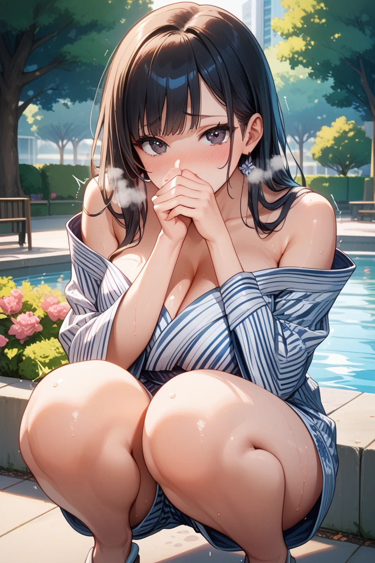 (​masterpiece), (top-quality), Wide Angle, 1girl in, soaking wet, Twin-tailed, blushed, embarrassed, Good hand anatomy, POV, From  above, Sitting, White robe, plein air, Park, Sateen, (Realistic:1.5), 1 girl in, Precise little hands, Embarrassed look, Smile, a very pretty girl, Clear eyes, Shining eyes,