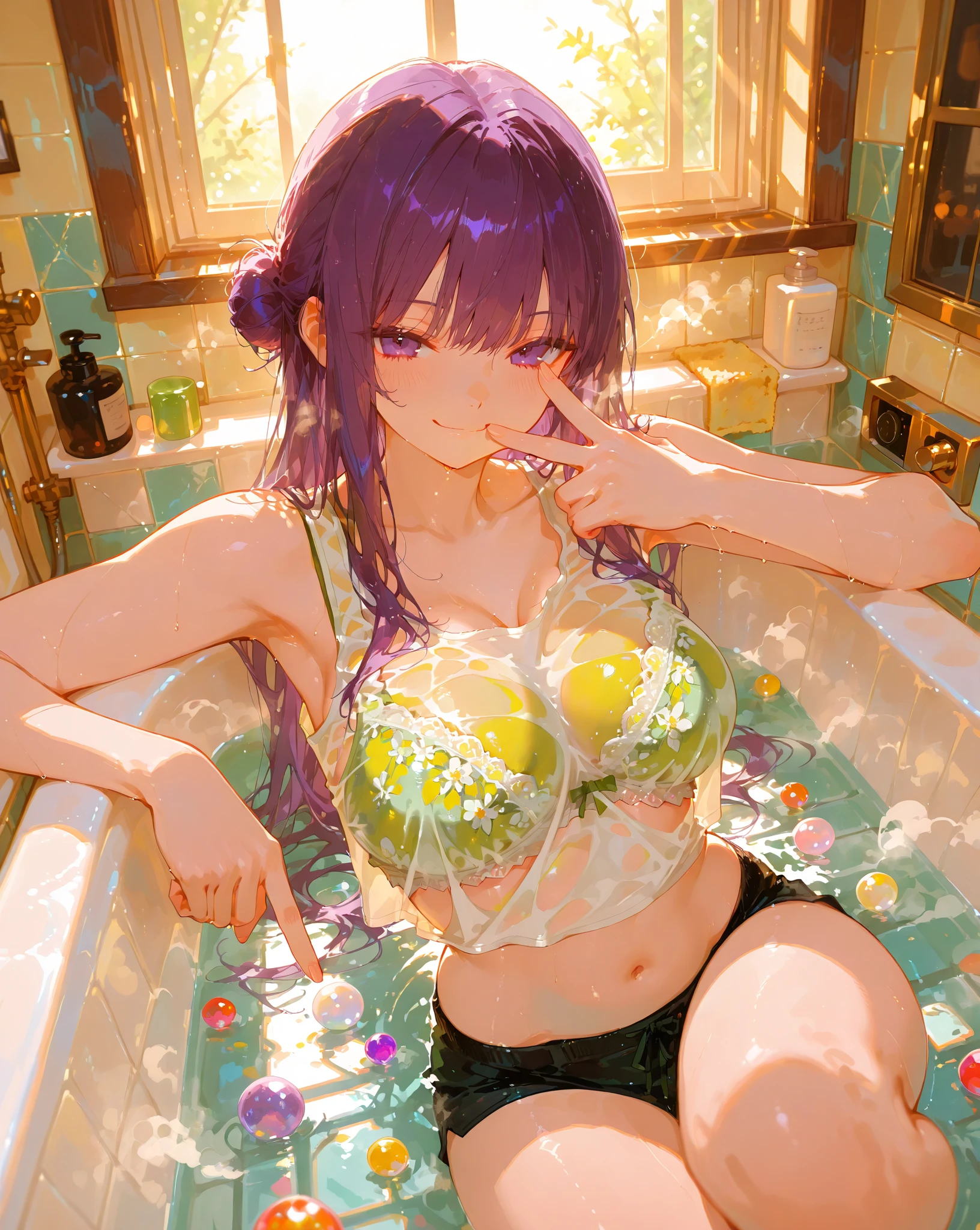 1 person、Mature、Ample breasts、Long Hair、Long eyelashes、Mint green hair、Curly Hair、Earrings、Pink Eyes、Night Pool、bikini、necklace、Night view、smile、cute、Having a cocktail、Flower Hair Ornaments、Sit on a swim ring、High resolution、Highest quality