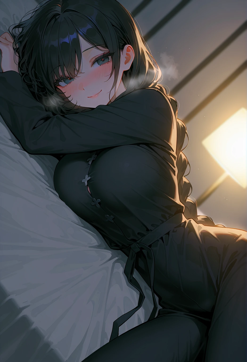 (nsfw,8K、RAW Photos、Highest quality、masterpiece:1.2)、(Realistic、Photorealistic)、1 Girl、((Knitted sweater、Black underwear、Sleeping in bed、Bedroom))、Lots of eyelashes、Add shine to your eyelids、skeletally correct、Sweaty body、Beautifully trimmed fingertips、Bangs、Vaginal ejaculation、whole body、Completely naked、Big Breasts、Only the chest area is exposed,sexual behavior