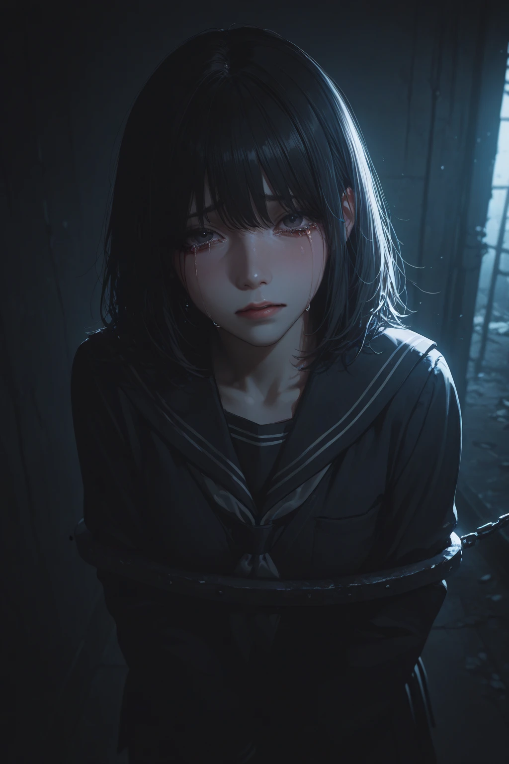 In Japanese anime "seinen" style, create a girl (like the girl is: she has short hair down to her shoulders, she has locks covering her left eye, she has a ???????????, her face is that of an adult, she is a little sad, her ???? are averagely wide, she is delicate, she is a little downcast) around her 20s wearing a typical Japanese school outfit, she is in a dark alley at night with only the moonlight.