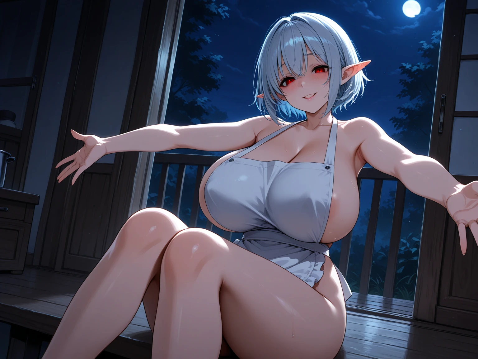 the hair,Nice face,blue bikini armor,Heterochromatic pupil,fully body photo,half moon,under moonlight,(tmasterpiece:1.1),(Best quality:1.1),(HighDynamicRange:1),ambient light,Super girl, mystical elf, looking into crystal ball, holding mysteries, showing a microcosm space, stars, unique, huge breasts, cleavage, candlelight, dark background, atmosphere of mystery, smoke, subtle multicolored lighting,