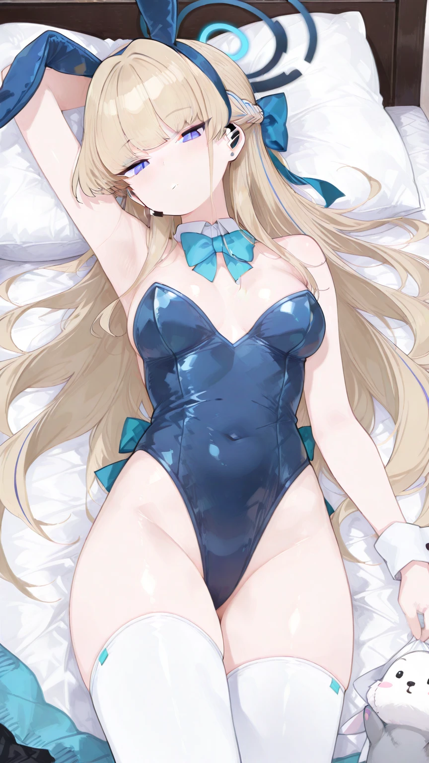 best quality, masterpiece, highres, illustration, 1_girl_solo, {{kamisato_ayaka_genshin:1.15}}, nude, bangs, blue_eyes, long_hair, blunt_bangs, ribbon, hair_ribbon, ponytail, sidelocks, blue_hair, mole, mole_under_eye, {blush}, hair_ornament, breasts, white_hair, 1girl, lying_on_bed, looking_at_viewer, tress_ribbon, {one piece swimsuit}, {school swimsuit}, sleeveless, {black_long_gloves}, symple backgrounds