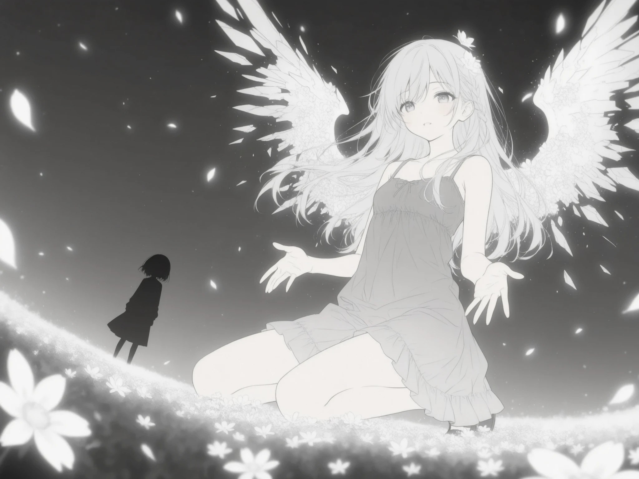 relaxed and cozy style,simple color,(flat color:1.2),,trk,
(deformed:1.2),a pale android girl kneeling in an infinite monochrome void, arms outstretched slightly with palms open as if trying to receive something that's no longer there, glitch particles rising upward like reversed snow, her head tilted back, eyes barely open, expression peaceful but lost, wires trailing behind like broken wings, faint glow outlining her silhouette, grayscale tones with soft blooming light, wide-angle from low perspective, evoking surrender, memory loss, and transcendental silence