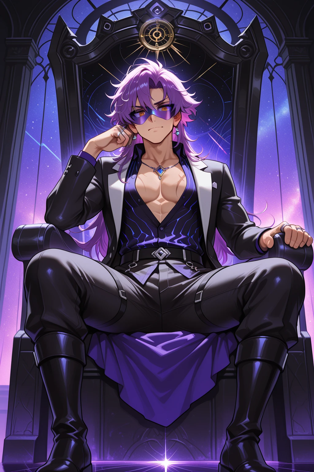 Anubis human form, handsome male, purple hair, purple eyes, bara