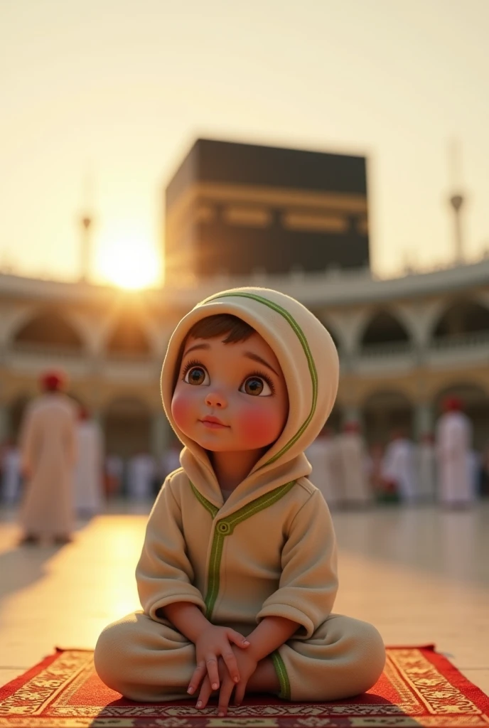 A 3d realistic 20-year-old boy is sitting from the fornt in front of the Kaaba and he is looking camera He is wearing white clothes with a cap, and the name Nur is written on the back.art