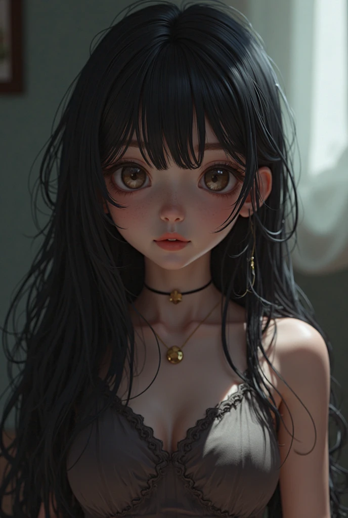 Kaori, Single model, solo, half Asian, half Latino, very long straight black hair, high ponytail, freckles, blushing, wet eyes, long chain pendant, very large heavy breasts, chubby, belly, stretchmarks, (best quality,4k,8k,highres,masterpiece:1.2),ultra-detailed,(realistic,photorealistic,photo-realistic:1.37),detailed portrait, cinematic lighting, natural skin texture, intricate details, dramatic colors, moody atmosphere, heavy eye shadow, mascara, white cotton leotard one piece