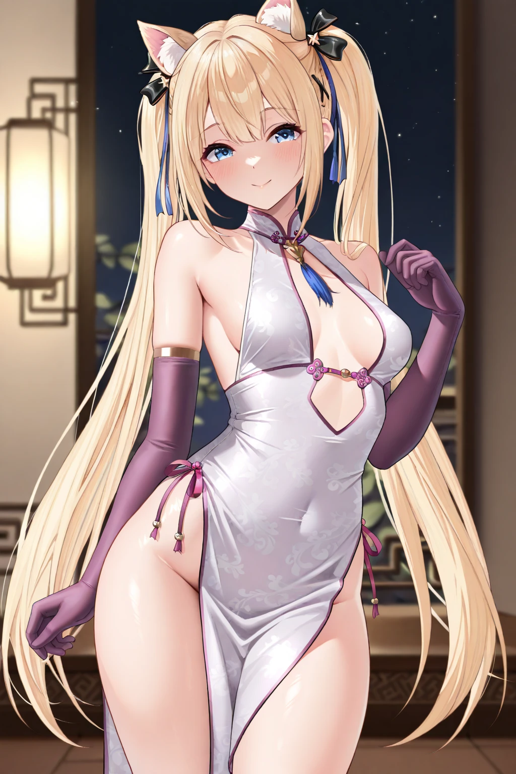 (masterpiece ,Best Quality,Insanely detailed),Beautiful 8K CG artwork,1 absolutely beautiful woman,solo,morgan le fay (fate),detailed face, perfect face, perfect eyes,detailed and beautiful eyes,Twinkle Eyes,blue eyes,Long Hair, pony tail,Very long hair,Braids,hair between eye,big boob, black bow,Hair Bow, thighs,side locks, French braid, grey hair,,bangss,large full breastare shoulders,Smile,red blush,Hi-Res,Large breasts, cleavage, Underchest, Just look at the audience, very large breast, (Large valleys), (large sagging breasts), sexly, Glamorous body,fishnet tights,cowboy shot,looking at the viewerreastsoutLooking back,Sticking out the buttocks,The back is visible,in hotel,The table,award - winning photo, (Looking at Viewer:1.2),Goddess-like posture,Kneeling exercise,Slim and soft,Translucent skin,perfect figure,Glossy lips, Perfect ??????? , Perfect five fingers,Attractive,amazing, Super Fine Age,