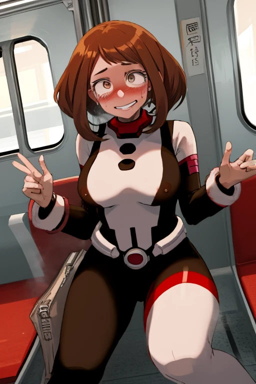 Stylish female gym enthusiast. white woman, american, Beautiful appearance, long hair. freckled face, front tooth gap, In her late 20's. She is seated inside a large machine, (trapped inside "automated tickling device"). Her body immobilized by straps and padding, Wrists restrained above her head, armpits exposed. She wears a tank top and yoga pants, busty. Tickled silly. (Touched by mechanical ticklers), underarm tickling, armpit tickling, ticklish belly, upperbody tickling, (disembodied gloved hands touching her all over, grabbing her wrists, poking her armpits, touching her torso). Hearty laughter, cackling.