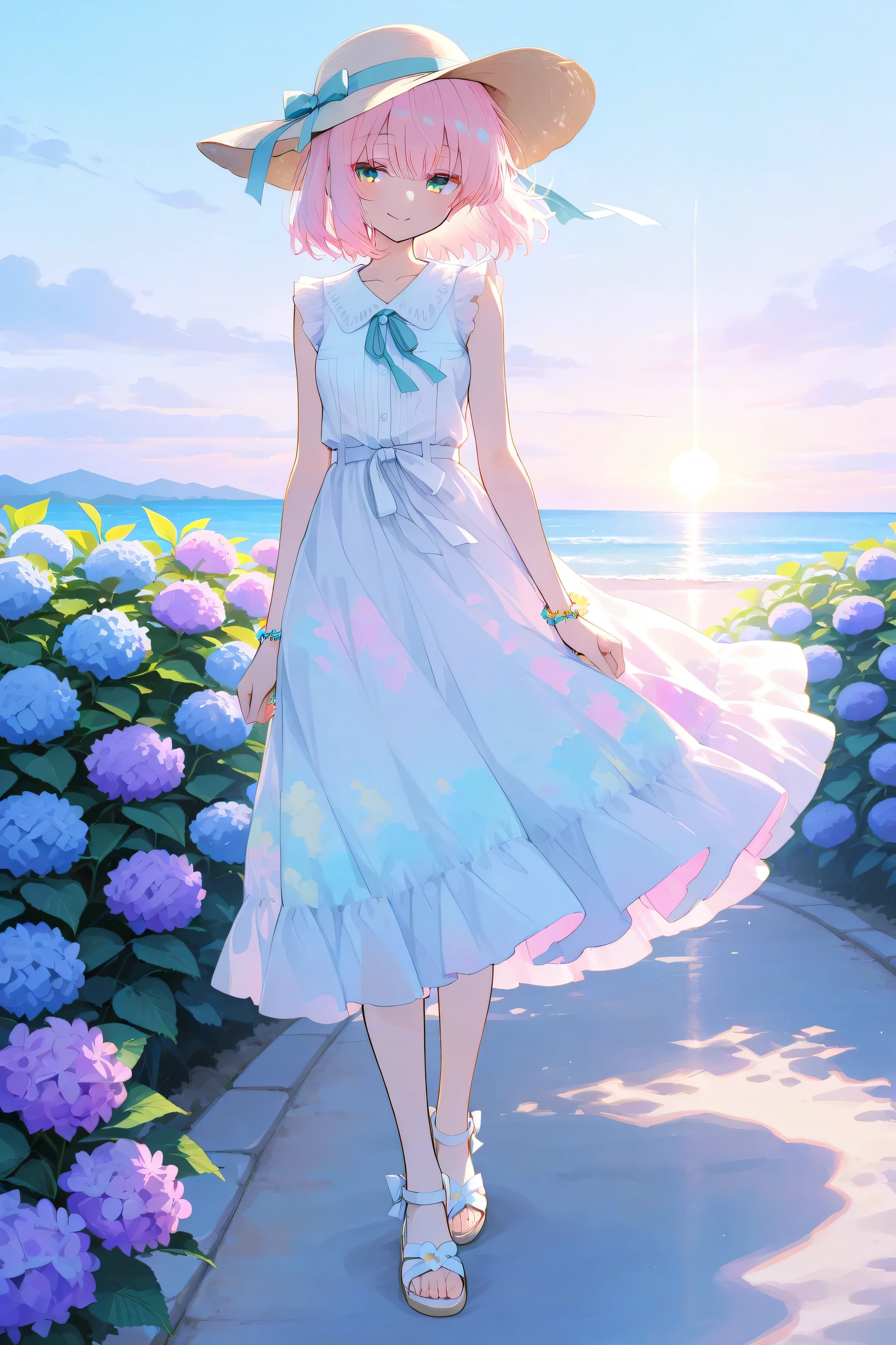 anime style, digital illustration
a girl enjoying summer breeze wearing a flowing skirt
light and airy midi skirt in pastel colors, sleeveless blouse, sun hat with ribbon, sandals, delicate bracelet
standing on a quiet seaside path lined with hydrangeas, gentle waves in the background, skirt fluttering in the wind
warm sunlight, soft shadows, backlight glow, sun-kissed atmosphere
masterpiece, best quality, high detail, aesthetic, smooth gradients, soft lighting, 8k resolution