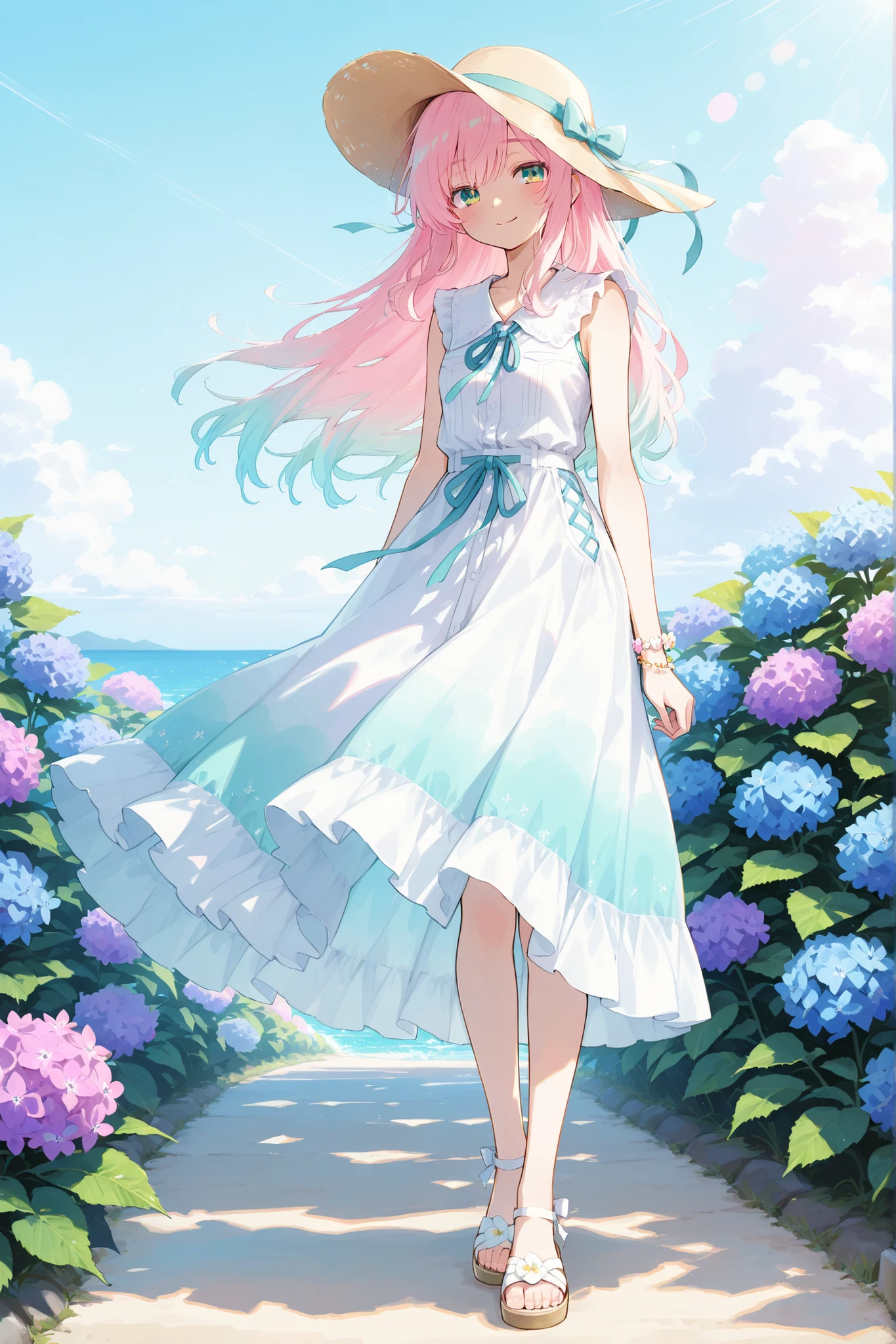 anime style, digital illustration
a girl enjoying summer breeze wearing a flowing skirt
light and airy midi skirt in pastel colors, sleeveless blouse, sun hat with ribbon, sandals, delicate bracelet
standing on a quiet seaside path lined with hydrangeas, gentle waves in the background, skirt fluttering in the wind
warm sunlight, soft shadows, backlight glow, sun-kissed atmosphere
masterpiece, best quality, high detail, aesthetic, smooth gradients, soft lighting, 8k resolution