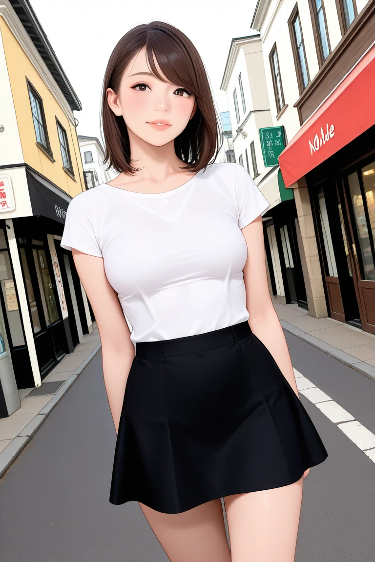 "A 19-year-old girl standing, wearing a pink mini skirt. The perspective is from below, looking up at her. The background is the Shibuya Scramble Crossing. She is standing with her legs apart, pointing towards the top of the sky with one hand in a finger-gun pose. Her expression is a playful yet challenging look, with one eye winking."
Image Generation。Like the picture