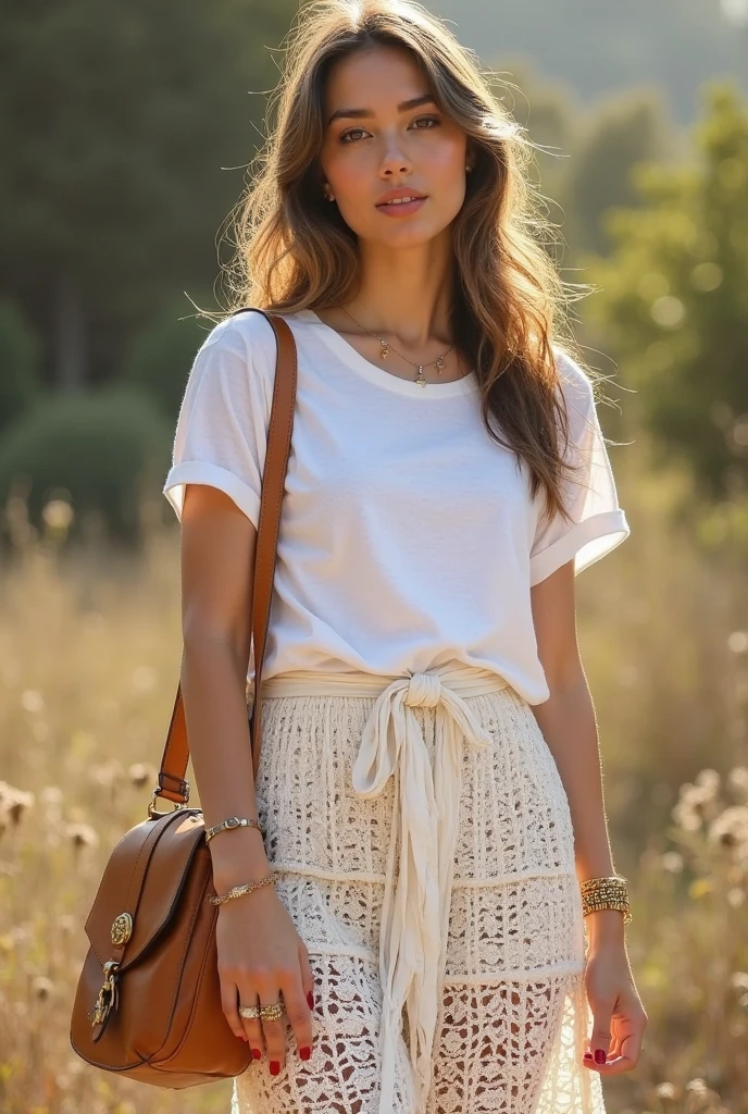 Beautiful  style, beautiful sexy woman, full-length, beautiful accessories,cotton or linen blouse, shorts or a long cotton skirt, summer sandals, appropriate accessories, a summer handbag, and natural makeup