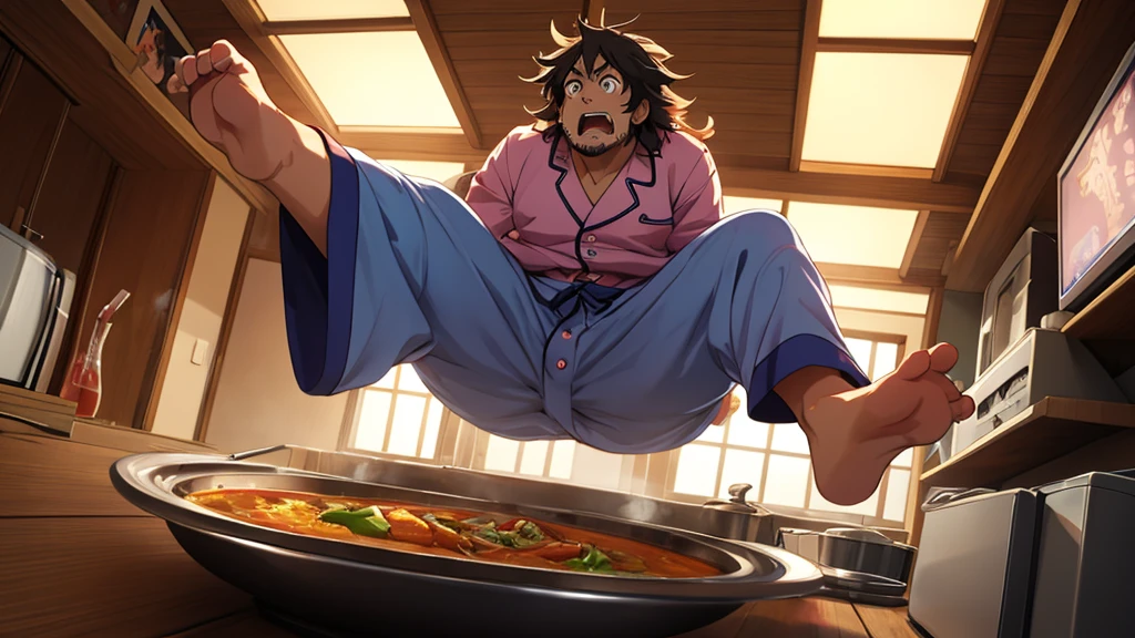 score_8_up, score_7_up, solo male, anime, 
BREAK,
(packsaguaro), laying on side, shirtless, mustache, suspenders, gruff expression, apron, heart sticker, exposed thighs, star sticker, stickers, head in hand, one knee up,  pose, thick eyebrows, arm hair,
kitchen setting, indoors, ,