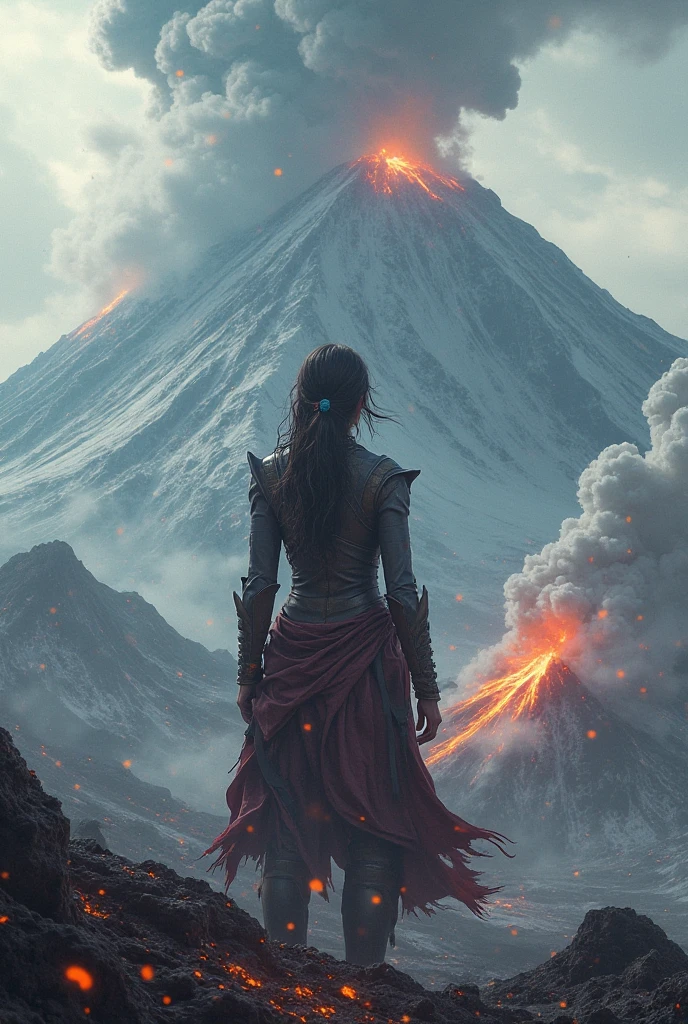 Highest quality,(masterpiece:1.2),Ultra-high resolution,Raw color photography,8K,Vast landscape photography,Realistic photos,Elaborate photos,A woman living on a volcanic planet,,(From the back:1.5),(From below:1.2,Woman standing on a volcanic planet,A vast mountain spreads out before your eyes々,volcanic ash,Volcano Clothing,The sky is a vast universe,Dark Sky),Written boundary depth,Wide Light,Low contrast,Backlight,Sharp focus,Vibrant colors,Dynamic configuration