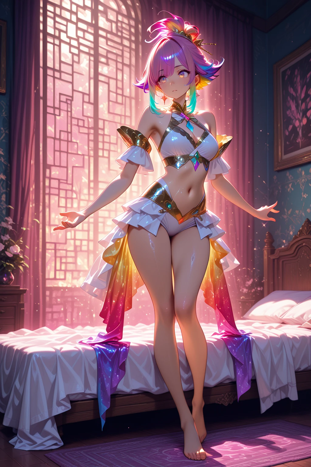 (masterpiece: 1.2, best quality), (1 loli, solo), small breasts, bubble ass, (Dynamic posture), (shiny skin, yellow skin), yellow skin, demon girl, , thin lacy gloves, ( small demonic horns:1.1), (Lilith \(Darkstalkers\)), (heaven), fringe, (jewelry, golden ornament:1.15 ), large pelvis, blue (pantyhose:1.1)