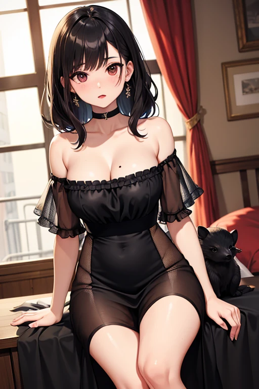  Sexy pregnant cat girl, cleavage, bunny ears, silk stockings, beautiful wavy hair, small earrings, necklace, pregnant, side view 