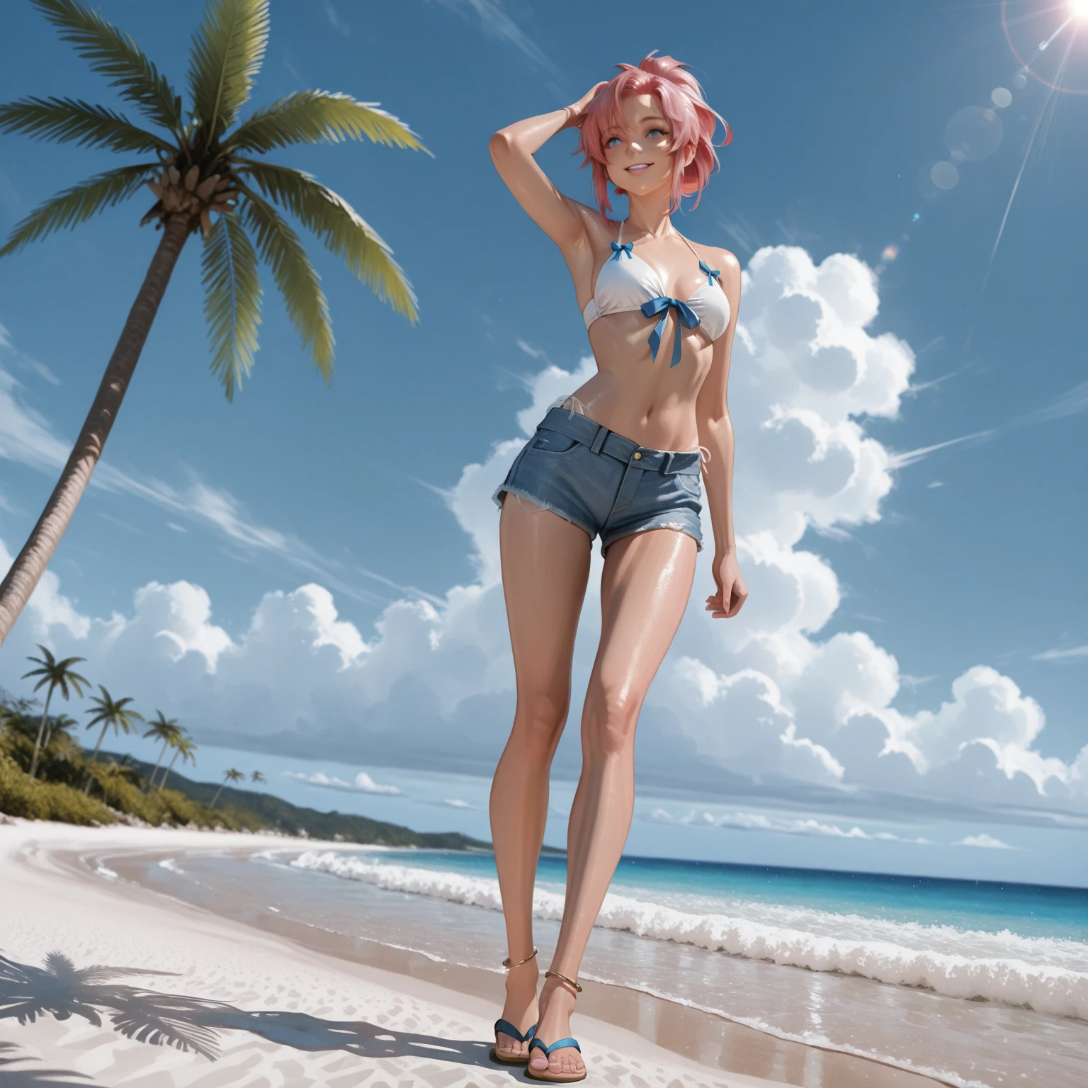 professional photo of a cute sexy happy suggestive woman on the sunny beach, completely soaked in sweat, wind above hair, ultra high quality, volumetric, pink-orange, global illumination, ambient occlusion, masterpiece, omimoji, busy image, awards winner, intricate details, masterpiece, octane render, unreal engine 5, ambient volume, volumetric shades, volumetric color grading