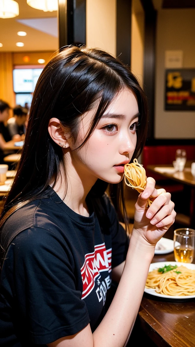 person eating a pie in a red cafeteria