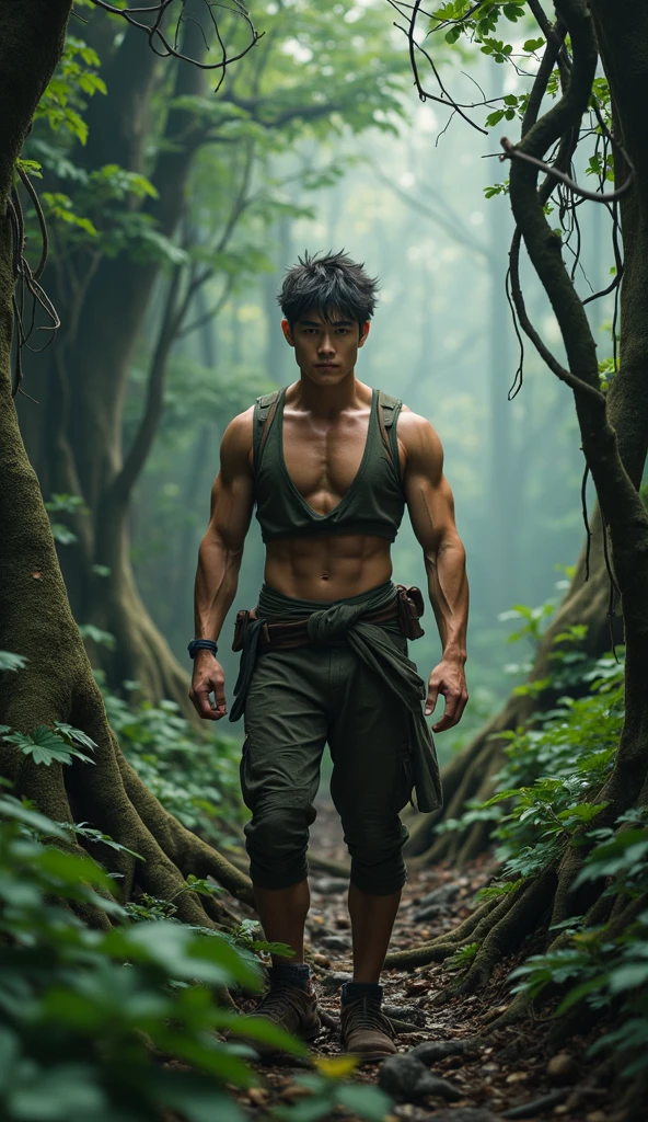 A Thai hunter, shirtless, with a cloth covering one eye, fierce looking, holding a shotgun in the forest at night. lonely atmosphere