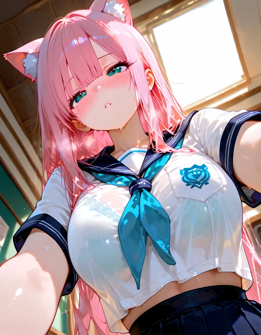 1girl, blue_eyes, bow, breasts, cleavage, collarbone, enoshima_junko, hair_ornament, large_breasts, long_hair, looking_at_viewer, necktie, pink_hair, red_bow, school_uniform, smile, solo, twintails