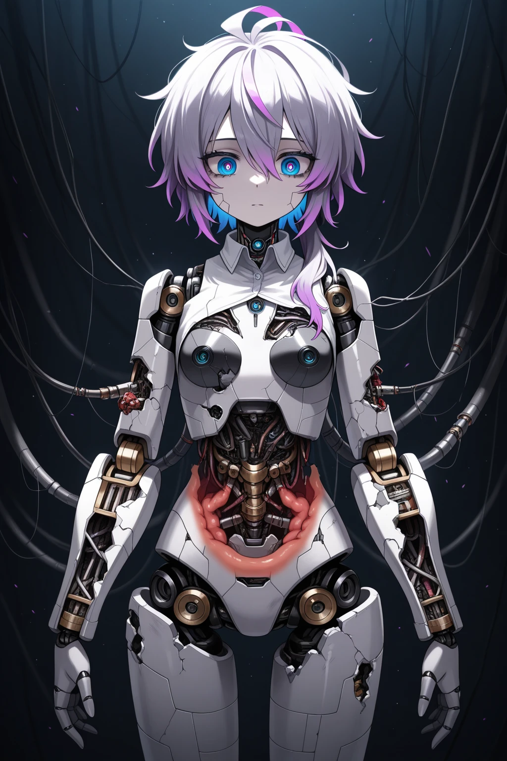 in the style of <lora:mcg-000008:1>.1girl, yellow background, solo, horns, mechanical parts, grey hair, pink eyes, short hair, earrings, spine, jewelry, simple background, small breasts, android, closed mouth, joints, breasts, full body