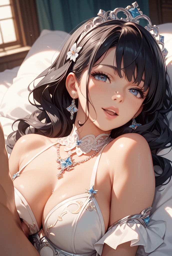 (Best Quality,High resolution,8K,finelity detailed background,Masterpiece:1.2),beautiful girl,Glossy romance gray hair,messy hair,Gray eyes,Gentle look,A refreshing look,Best quality,Best Quality,Aesthetic and aesthetic:1.2,Best details((Super detailed))(High-definition CG illustrations),Purple underwear (purple,intricate lace),Slender body,Late Night,Moonlit Night,Bedroom,On the bed,smile,blush,cute,Scrounge,Looking up,Being spoiled,super model,wariza,shoot from above