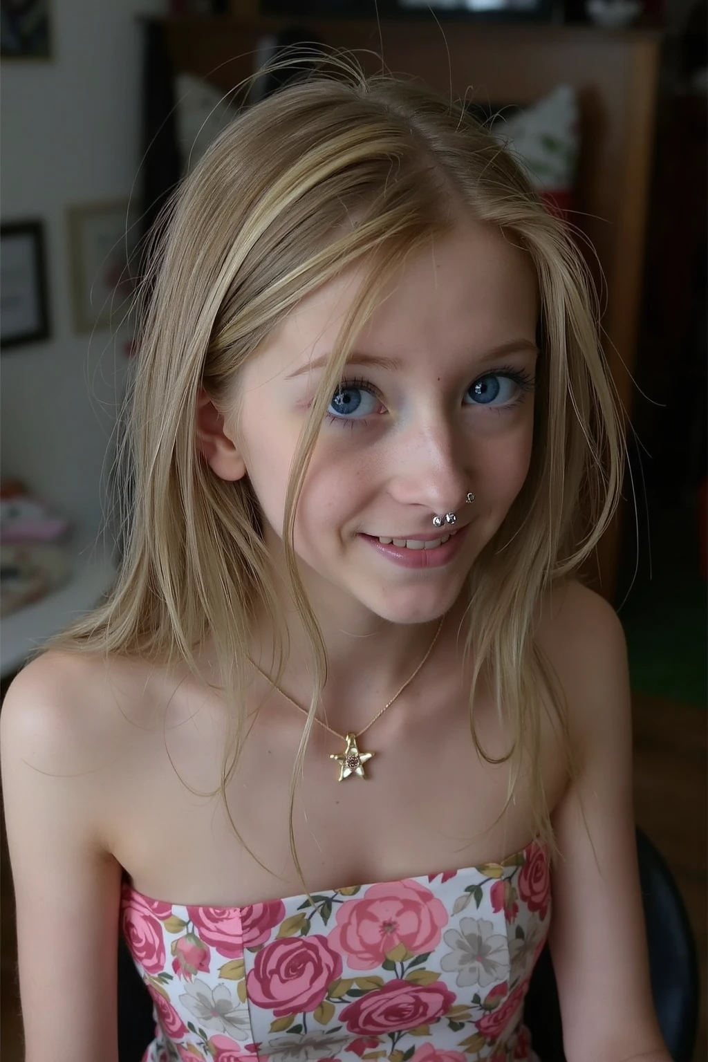 ultra photorealistic  image of one cute European high school student, (eagerly sucking on a penis:1.4), (semen is splattered on her face:1.4), she has long straight blonde hair and light hazel eyes with luscious mascara and long eyelashes, (large 34C breasts:1.4), (15 years old:1.4), slim, slim oval face, nice smile, small gold hoop earrings, looking at camera, (facing camera:1.4), ultra-high resolution, (photorealistic: 1.4), high resolution, (finely detailed skin), (perfectly proportioned) (photo realistic) (masterpiece) (photorealistic), ultra realistic (Best Quality) (Detailed) photographed in a Canon EOS R5, 85mm Lens, F/2.8, (8K) (Wallpaper), focus on face,