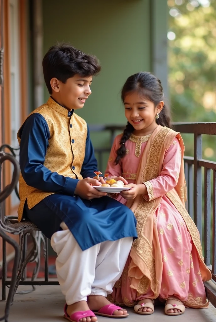 A realistic 20 year old Cute boy and girl are sitting face to face on a colorful mat in the home lobby, the boy has extended one of his hand forward And Girl tying Rakhi on brother's hand. boy is wearing a Blue colored kurta And the girl is wearing a yellow Lahenga, boy has a gift box in his other hand, is smiling, girl has applied tilak on his forehead, and sharp picture on the wall letters "HAPPY RAKSHA BANDHAN" "Niladri &Tiasha" It is written, 4k image