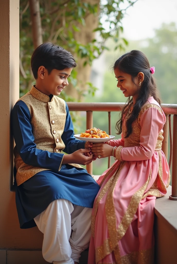 a real India 18 year siblings sitting outdoors in a garden-like and beautiful dancing fountain in background setting. The girl is tying a protective thread on the boy’s kalai, which will be for Rakshabandhan. The boy is wearing a sleeves t-shirt pants and shoes and the text ”JAGDISH” written on it while the girl is wearing a pink traditional outfit with floral embroidery Both are Looking so cute, stylish hair, smiles, green blur 8k ultra quality images, rakshabandhan thali
