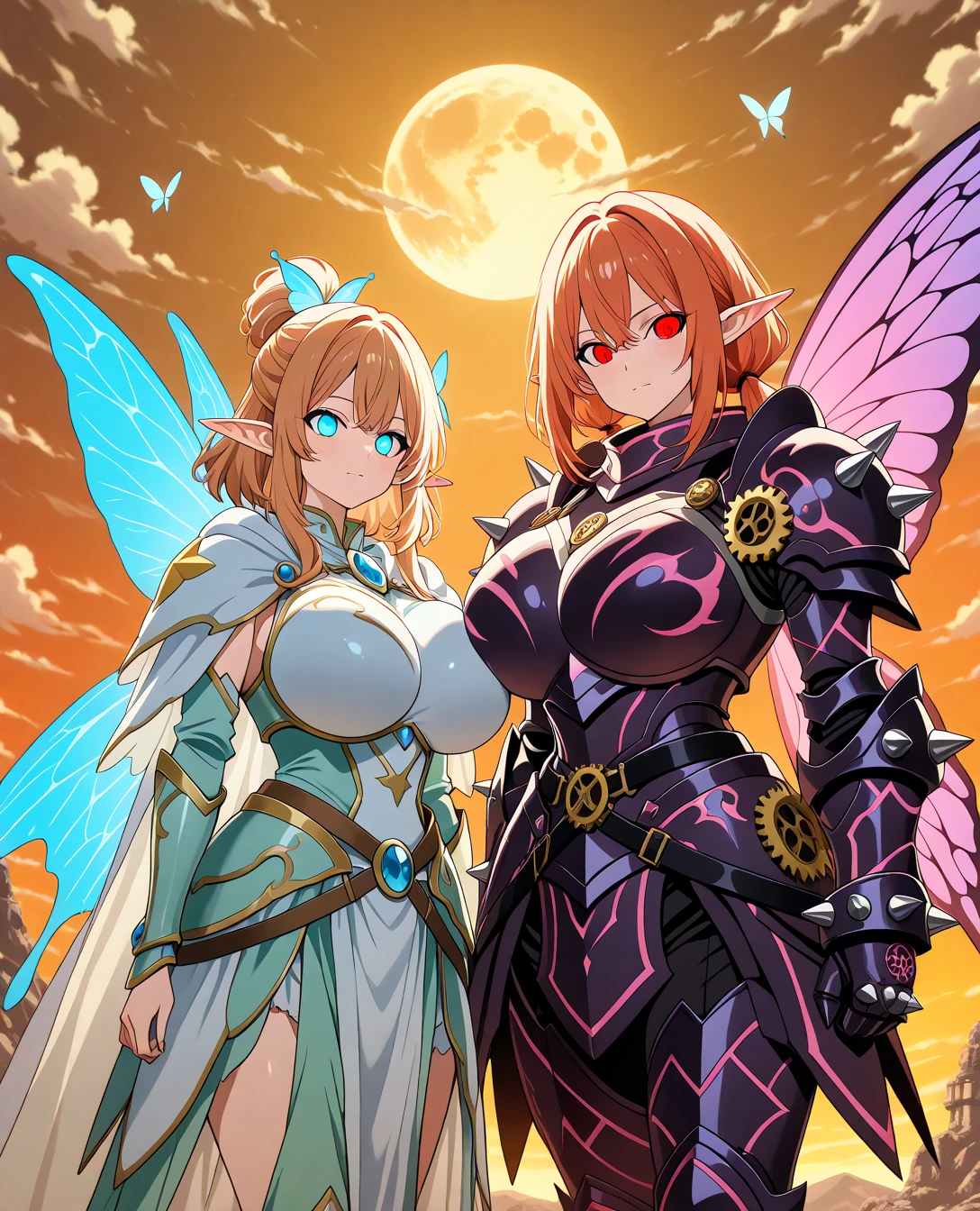 (masterpiece, Highest quality:1.2), Cowboy Shot, alone, one person, Riesz, View your viewers,, Long hair tied low, Winged Helmet,green dress, armor, shoulder armor, Bridal Gauntlet, Cleavage,(In a prison with iron bars:1.4),(Confronting two girls:1.8)